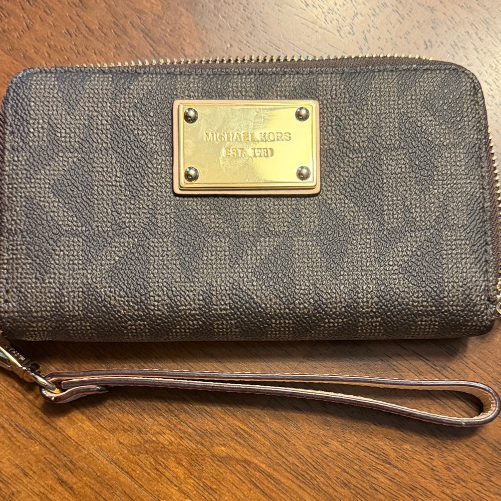 Michael Kors Dark Brown Wristlet with Gold Accents